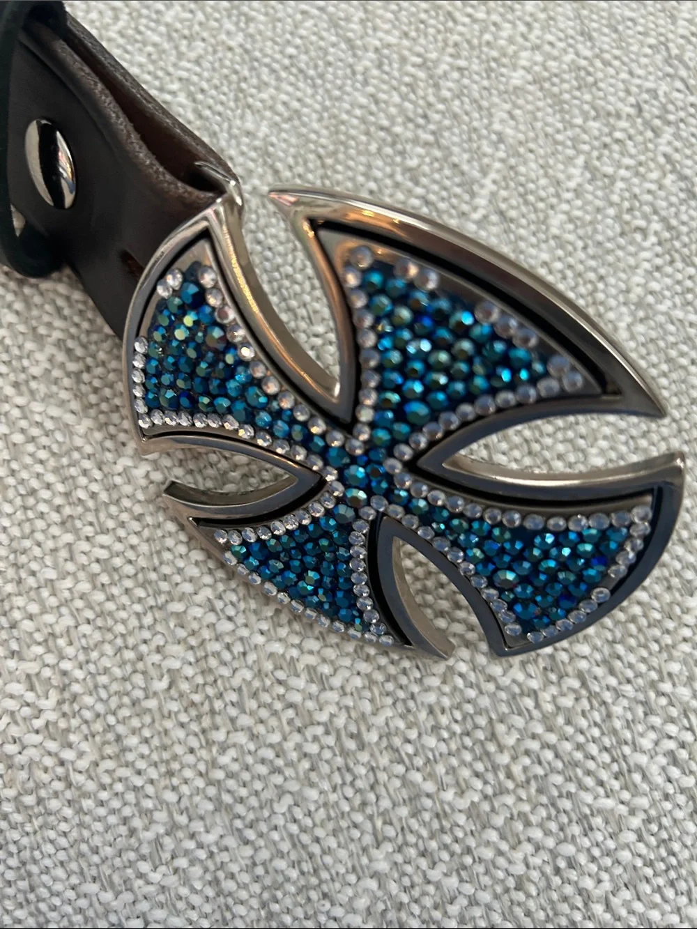 Western Braided Leather Belt with Blue Crystal Cross Buckle One of a kind
